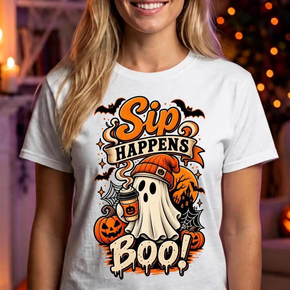 Halloween Shirt, Spooky Halloween T-Shirt, Sip Happens Boo